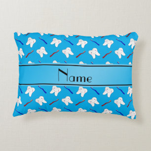 Personalised name blue brushes and tooth pattern decorative cushion