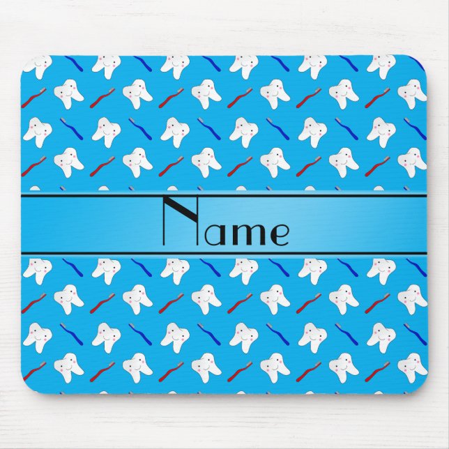 Personalised name blue brushes and tooth pattern mouse mat (Front)