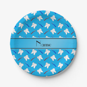 Personalised name blue brushes and tooth pattern paper plate