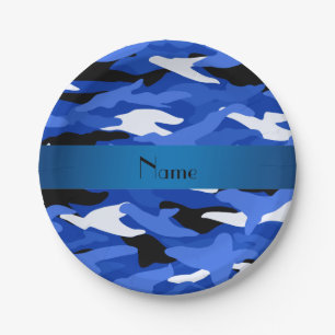 Personalised name blue camouflage blue stripe paper plate