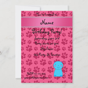 Personalised name blue cat pink paws invitation