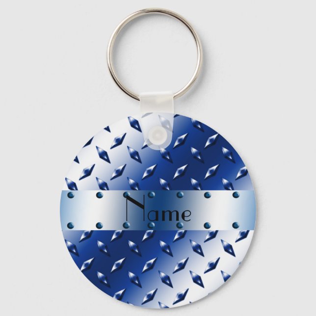 Personalised name blue diamond plate steel key ring (Front)