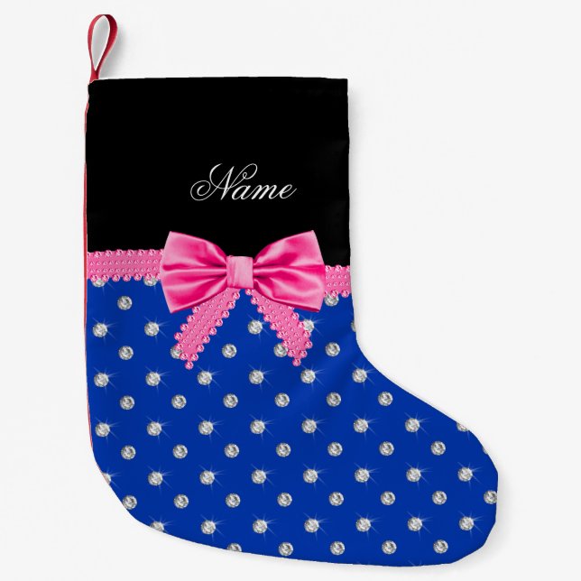 Personalised name blue diamonds pink bling bow small christmas stocking (Front)