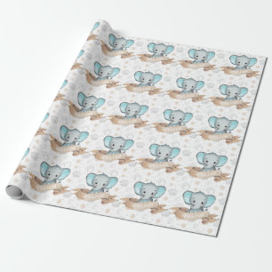 Personalised Name Blue Elephant Baby Boy Pattern Wrapping Paper