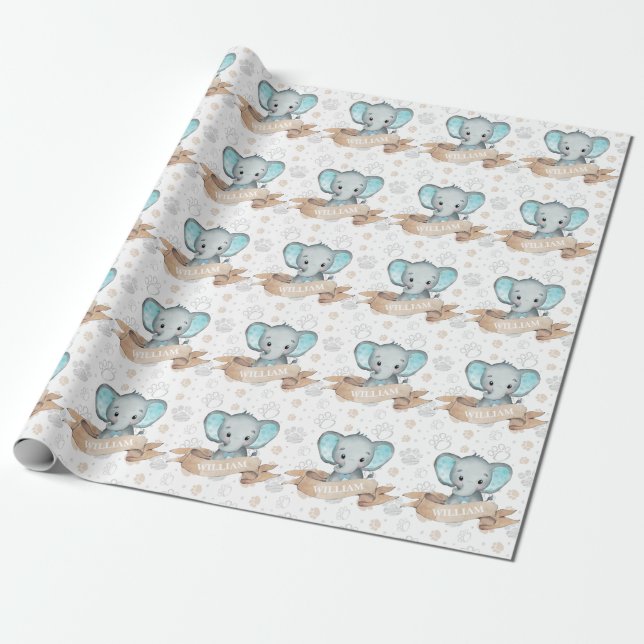 Personalised Name Blue Elephant Baby Boy Pattern Wrapping Paper (Unrolled)