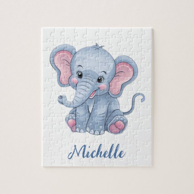 Personalised Name Blue elephant Girl's Jigsaw Puzzle (Vertical)