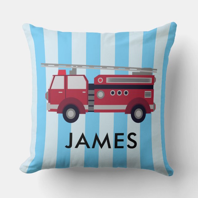 Personalised Name Blue Fire truck Cushion (Front)