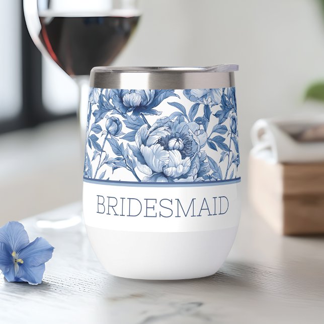 Personalised Name Blue Floral Bridesmaid Flower (Personalized Name Blue Floral Bridesmaid Flower Thermal Wine Tumbler)