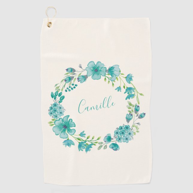 Personalised Name Blue Floral Golfer Bachelorette Golf Towel (Front)