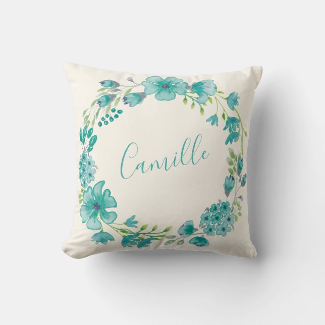 Personalised Name Blue Floral Wreath Home Decor Cushion (Front)