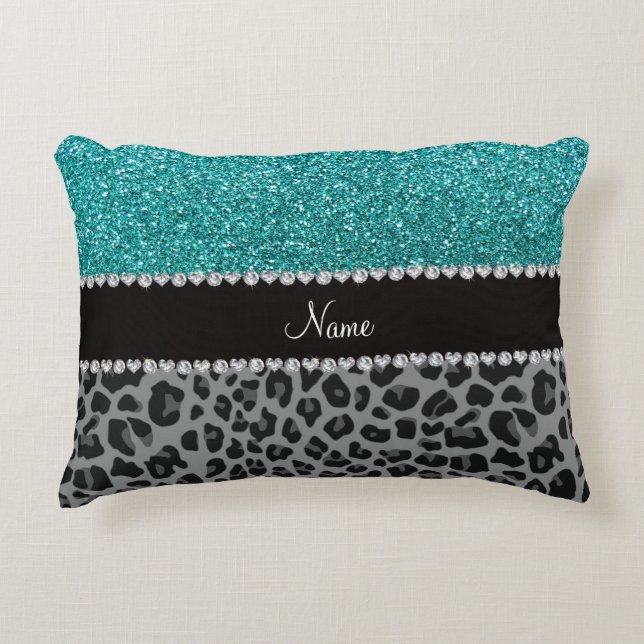 Personalised name blue glitter black leopard decorative cushion (Front)