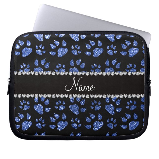 Personalised name blue glitter cat paws laptop sleeve (Front)