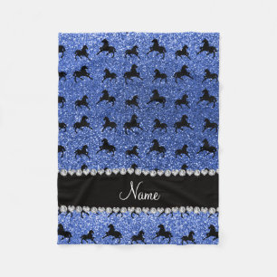 Personalised name blue glitter horses fleece blanket