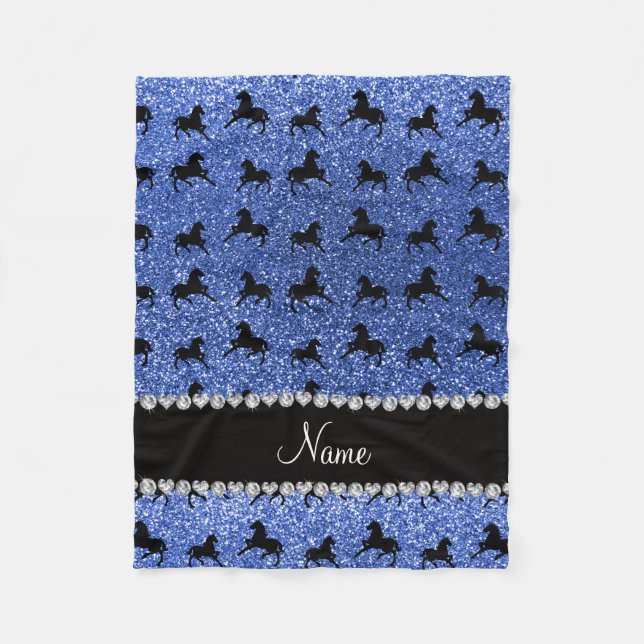 Personalised name blue glitter horses fleece blanket (Front)