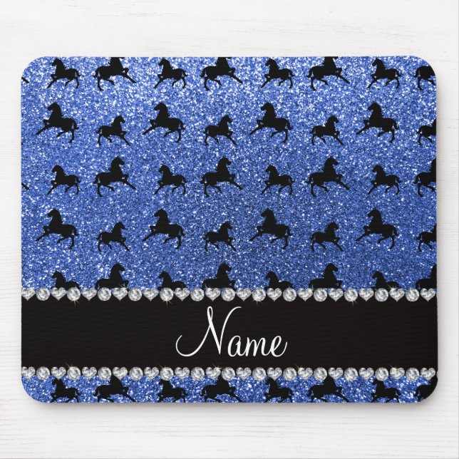 Personalised name blue glitter horses mouse mat (Front)