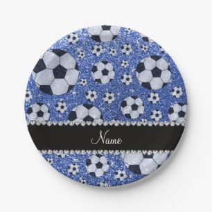 Personalised name blue glitter soccer balls paper plate