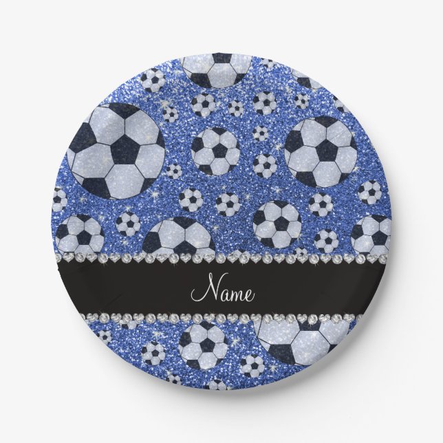 Personalised name blue glitter soccer balls paper plate (Front)