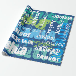 Personalised Name Blue Green Subway Art Design Wrapping Paper