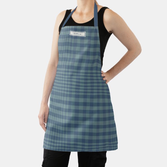Personalised Name Blue Grey Plaid Classic Preppy Apron (Insitu)