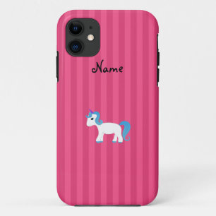Personalised name blue hair unicorn pink stripe iPhone 11 case