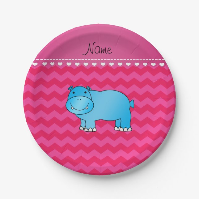 Personalised name blue hippo hot pink chevrons paper plate (Front)