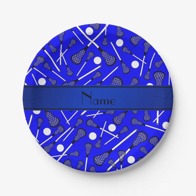 Personalised name blue lacrosse paper plate (Front)