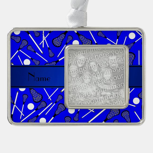 Personalised name blue lacrosse silver plated framed ornament (Front)