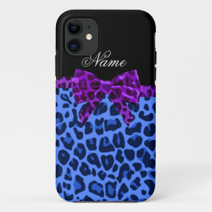 Personalised name blue leopard print purple bow iPhone 11 case