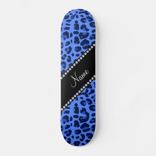 Personalised name blue leopard print skateboard (Front)