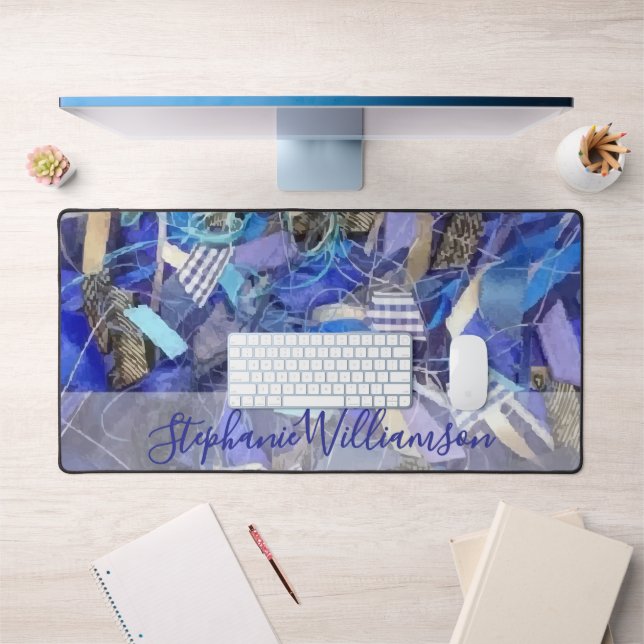 Personalised Name Blue Lilac Grey Abstract Stripes Desk Mat (Office 1)