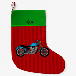 Personalised name blue motorcycle red stripes small christmas stocking