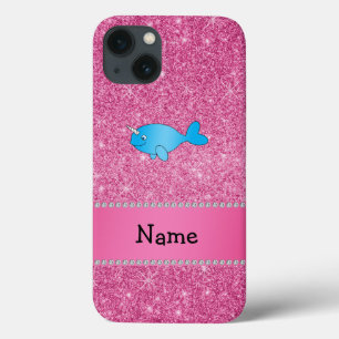 Personalised name blue narwhal pink glitter iPhone 13 case