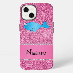 Personalised name blue narwhal pink glitter iPhone 13 case