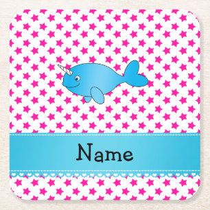 Personalised name blue narwhal pink stars square paper coaster
