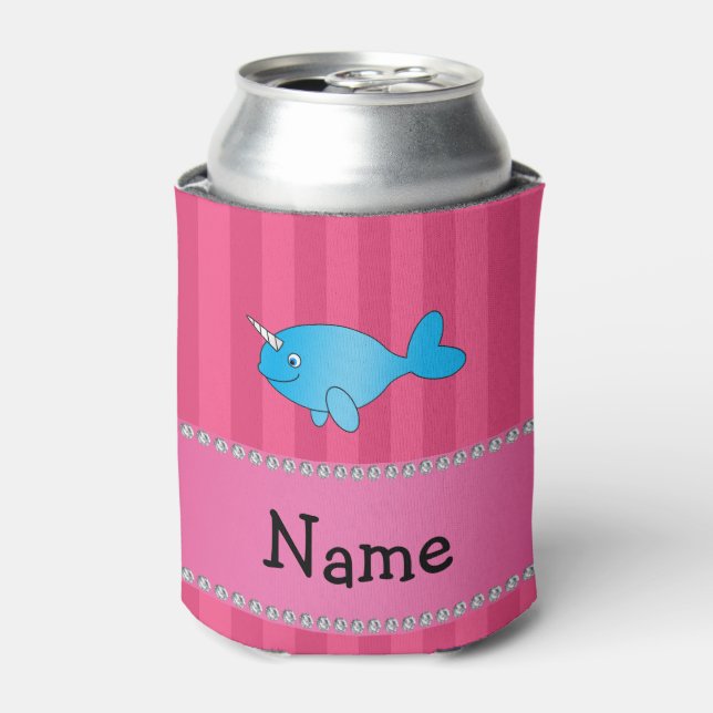 Personalised name blue narwhal pink stripes can cooler (Can Front)