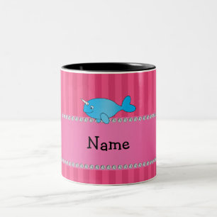 Personalised name blue narwhal pink stripes Two-Tone coffee mug