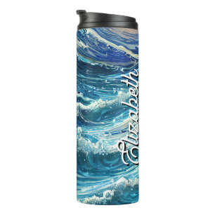 Personalised Name Blue Ocean Waves Thermal Tumbler