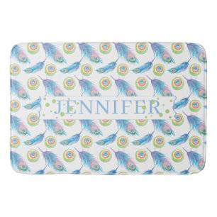Personalised Name Blue Peacock Feathers Background Bath Mat