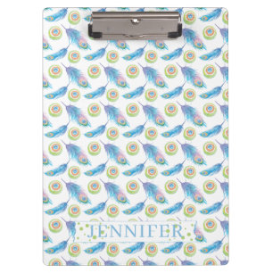 Personalised Name Blue Peacock Feathers Background Clipboard