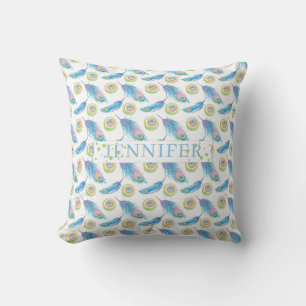 Personalised Name Blue Peacock Feathers Background Cushion