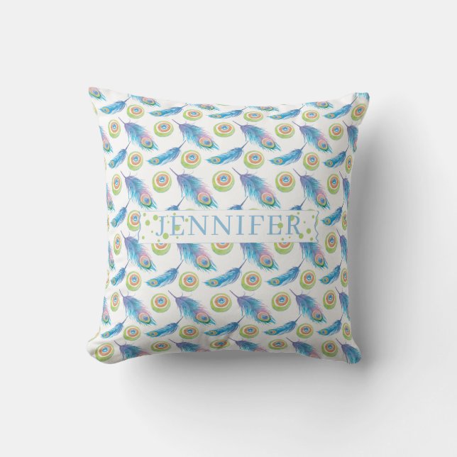 Personalised Name Blue Peacock Feathers Background Cushion (Front)