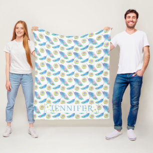 Personalised Name Blue Peacock Feathers Background Fleece Blanket