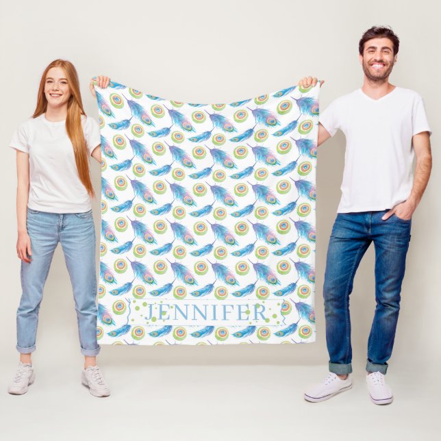 Personalised Name Blue Peacock Feathers Background Fleece Blanket (In Situ)