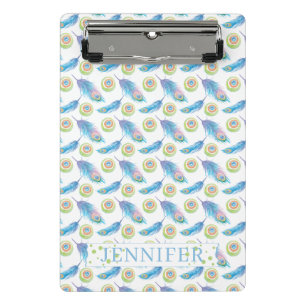 Personalised Name Blue Peacock Feathers Background Mini Clipboard