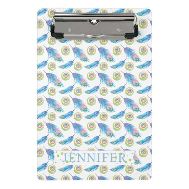 Personalised Name Blue Peacock Feathers Background Mini Clipboard (Front)