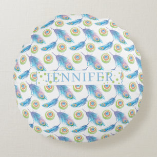 Personalised Name Blue Peacock Feathers Background Round Cushion