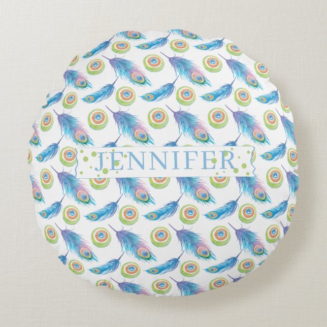 Personalised Name Blue Peacock Feathers Background Round Cushion (Front)