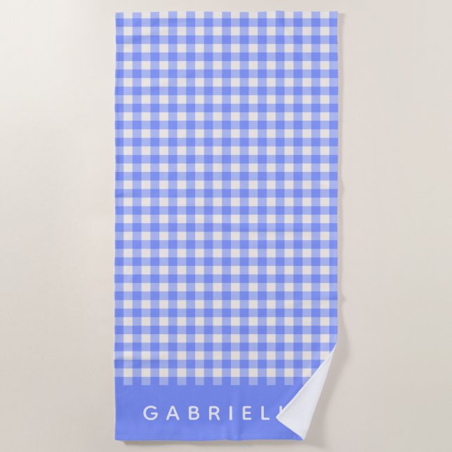 Personalised Name Blue Purple Gingham Plaid Retro Beach Towel (Front)