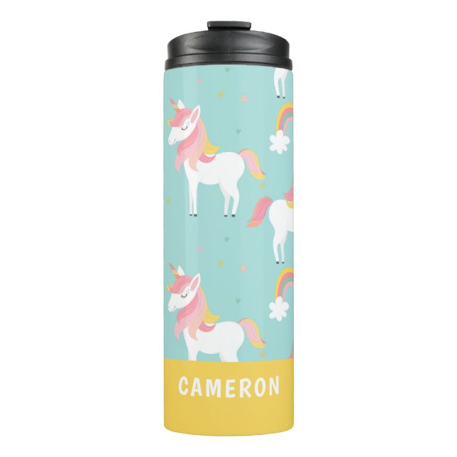 Personalised Name Blue Rainbow Unicorn Kids Thermal Tumbler (Front)