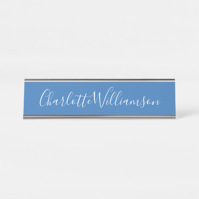 Personalised Name Blue Script Elegant Professional Desk Name Plate (Front)